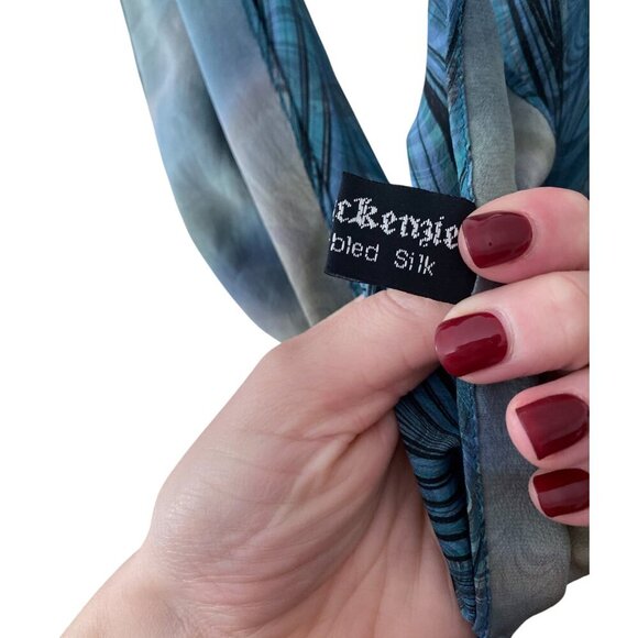 Gail Mackenzie Silk Hand Made Blue Patterned Scarf Rectangle Floral Marbelized - Picture 5 of 6